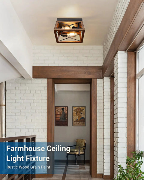 Industrial Flush Mount Ceiling Light With Two Metal Fixtures, Vintage Farmhouse Style in hallway, wood grain accent, silver grey finish