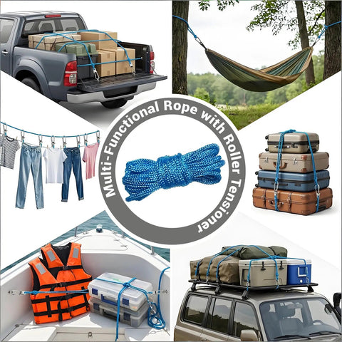 Collage showing uses of Six Pack Rope With Roller Tensioner Set for camping, boating, and outdoor use with silver finish.
