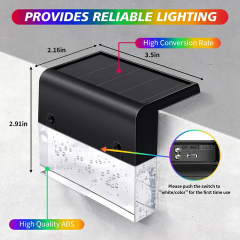 Solar Deck Lights 6 Pack Outdoor Step Lights Waterproof For Patio Stairs Railing Garden Pool With Warm White And 7 Color Changing Modes, Honeycomb Lens For Soft Ambient Glow And Enhanced Safety, dimensions shown with high quality ABS material.