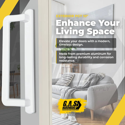 Ten Inch Exterior Sliding Glass Door Handle Replacement For Patio Doors White Finish Durable Diecast Construction Ideal For Exterior Sliding Glass Door Replacement On Homes And Offices Providing Smooth Operation And Secure Latching shown installed on a door