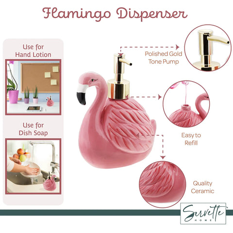 Pink Ceramic Soap Dispenser With Gold Pump For Bathroom Or Kitchen Sink, Cute Bird Design Hand And Dish Soap Holder, Durable Glazed Finish