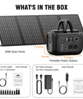 Image showing 40W solar panel and Portable Solar Generator 300W Peak Power Station with 260Wh Battery, cables, and manuals.