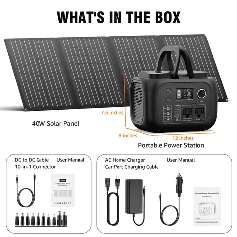 Image showing 40W solar panel and Portable Solar Generator 300W Peak Power Station with 260Wh Battery, cables, and manuals.