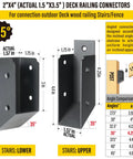 Rock Solid 35 Degree 201 Stainless Steel Deck Railing Connectors Fit 2 By 4 Lumber, side view of stair brackets with dimensions.