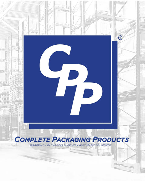Complete Packaging Products logo over a warehouse background showing pallet racks, symbolizing quality packaging solutions.