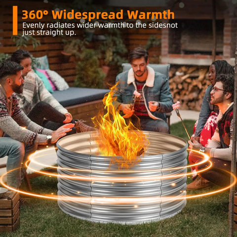 Group enjoying Huge 48 Inch Fire Pit Ring For Outdoor Wood Burning, Galvanized Steel Round Camp Fire Pit with warm fire glow.