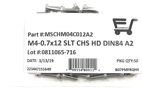 M4 X 12 Metric Stainless Steel Slotted Cheese Head Machine Screws Din 84 A2 70 Grade listed in packaged bulk hardware.