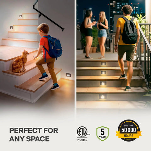 Hardwired Recessed Stair Step Light Kit For Indoor Outdoor Use 3CCT (3000K-5000K) Motion Sensor Waterproof ETL Listed, 3W 120LM, black finish on architectural stairs and hallways with people approaching.