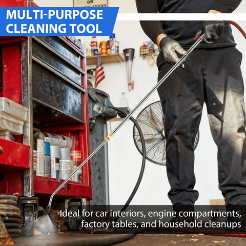 Slick Retractable Air Blow Gun With Telescoping Extension Wand And Adjustable Trigger Valve for cleaning debris under a garage workbench.