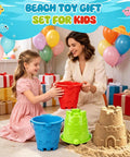 Mother and daughter playing with jumbo beach sand castle buckets set for kids and adults 7 inch large sand pails in a room.