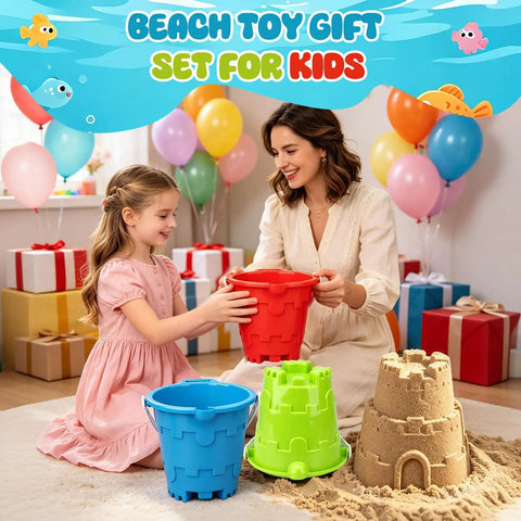 Mother and daughter playing with jumbo beach sand castle buckets set for kids and adults 7 inch large sand pails in a room.