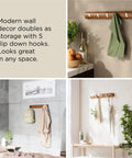 Flip Wall Mounted Coat Rack With Retractable Hooks in use in different rooms, displaying space-saving modern design in Light Walnut and Gold.