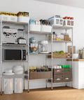 Heavy Duty 4 Tier Metal Wire Shelving Unit For Garage And Home Storage with kitchen items organized on racks.