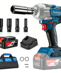 20V Brushless Impact Wrench Kicks 670 Ft Lbs Of Nut Breaking Torque At 2200 RPM Across Four Speeds, cordless tool with battery and sockets.