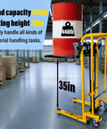 Hydraulic material lift winch stacker with yellow double-column frame, adjustable forks, 35in lift, and swivel casters.