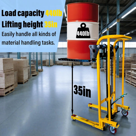 Hydraulic material lift winch stacker with yellow double-column frame, adjustable forks, 35in lift, and swivel casters.