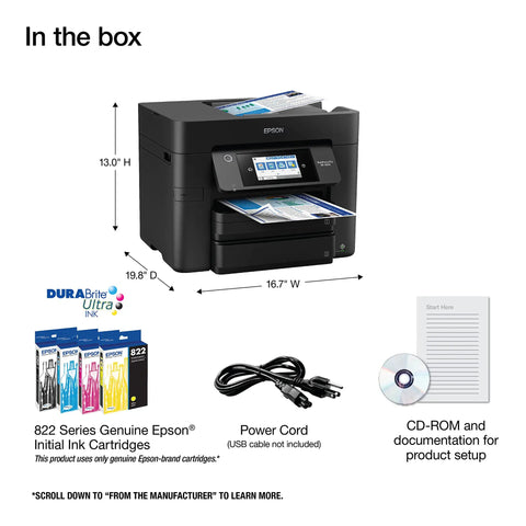 Contents of WorkForce Pro WF 4830 Wireless All In One Printer box including printer, ink cartridges, power cord, CD-ROM and documentation.