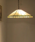 Theros Tiffany Style Two Light Mission Hanging Pendant Fixture With 18 Inch Shade Hand Cut Stained Glass For Indoor Living Room Vibe Hardwired With Wall Switch Bulbs Not Included E26 Type A Compatible hanging in a living room corner
