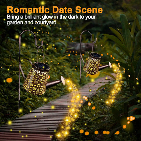 Solar Powered Watering Can Lantern With LED Lights For Garden Decor illuminating a garden pathway at night