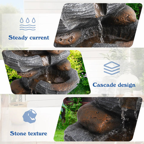Close-up of stone texture and cascading water in 5 Tier Cascading Rock Water Fountain With LED Lights For Outdoor And Indoor Use