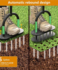 No-Fuss Manual Lawn Aerator Tool with padded T-handle and 15 three-inch spikes aerating lawn alongside foot placement.