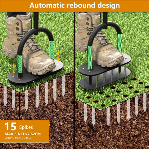 No-Fuss Manual Lawn Aerator Tool with padded T-handle and 15 three-inch spikes aerating lawn alongside foot placement.