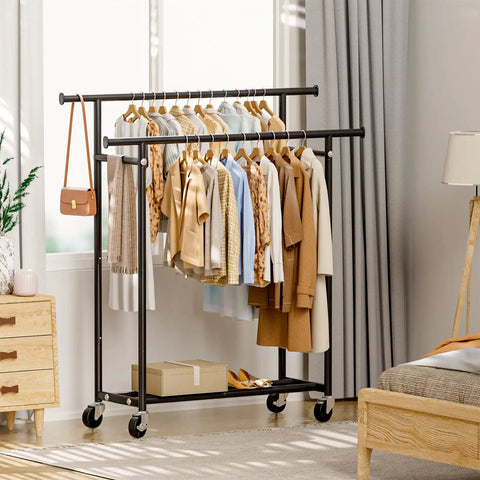 Heavy Duty Rolling Clothes Rack With Double Hanging Bars And Smooth Glide Casters Portable Black Garment Stand For Shirts Pants Jackets Roommate Approved Dorm Flex Setup