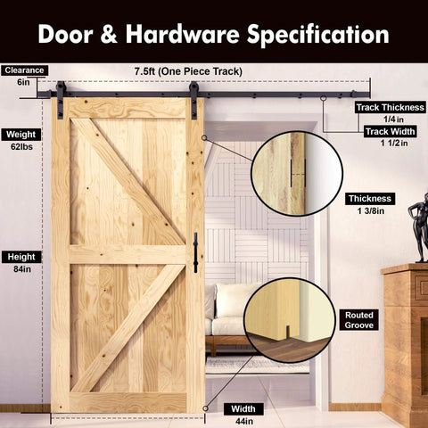 Black Rustic Non-Bypass Sliding Barn Door Hardware Kit For Indoor Use shown with specifications, 7.5ft track, 44W x 84H.