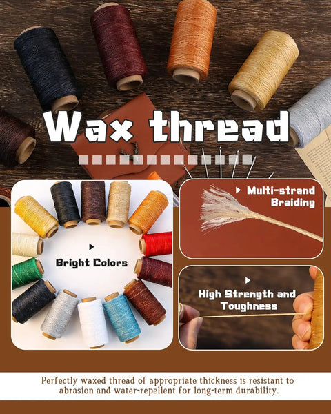 218 Yards Top Shelf Waxed Leather Thread With Heavy Duty Sewing Needles For Serious DIY Crafts and Leather Repair that showcases multiple bright colored spools.