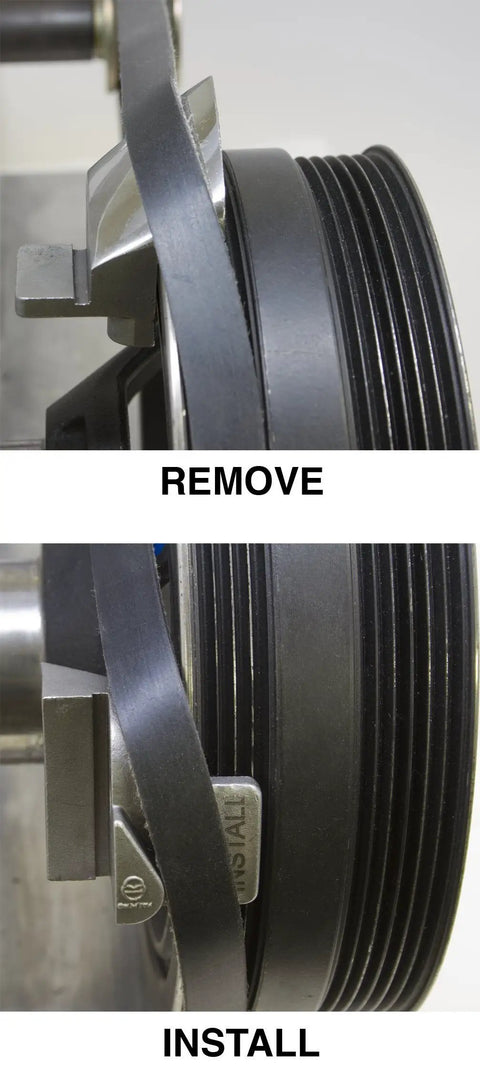 Stretch Belt Remover And Installer Tool With Magnetic Faces For Pulleys Slip Joint Pliers in use on a pulley system