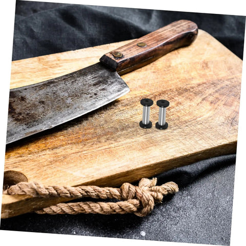 Top Tier Flat Head Knife Handle Screws Coupled With Heavy Gauge Stainless Steel Bolts on a wooden cutting board.