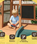 Child playing on Tough As Nails Wood Backyard Swing Set With Wave Slide, Rock Wall, Belt Swings, Play Deck, Chalkboard, Canopy Roof