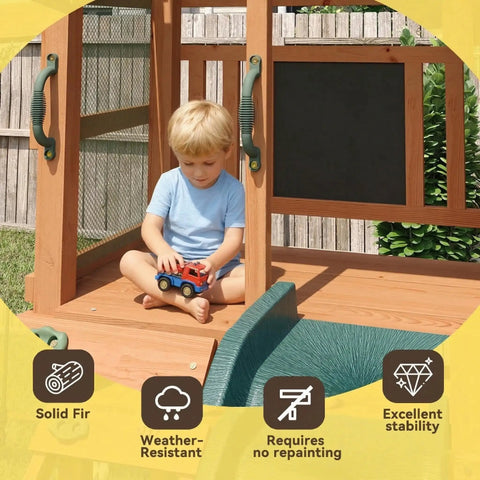 Child playing on Tough As Nails Wood Backyard Swing Set With Wave Slide, Rock Wall, Belt Swings, Play Deck, Chalkboard, Canopy Roof