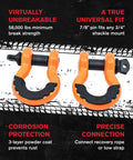 Beefed Up Off Road Recovery Kit 9 Ton With Tow Strap Snatch Block Tree Saver D Ring Shackles Winch Line Dampener Bag And Gloves For 4X4 Trucks ATVs UTVs And SUVs Orange showing 58,000 lbs D-Ring shackles with corrosion protection.