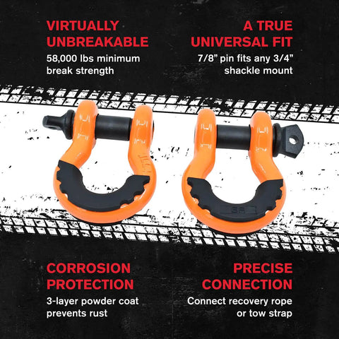 Beefed Up Off Road Recovery Kit 9 Ton With Tow Strap Snatch Block Tree Saver D Ring Shackles Winch Line Dampener Bag And Gloves For 4X4 Trucks ATVs UTVs And SUVs Orange showing 58,000 lbs D-Ring shackles with corrosion protection.