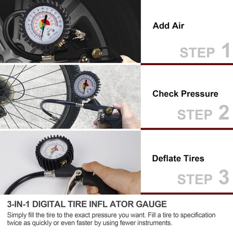 Step-by-step guide using Heavy Duty Air Compressor Accessory Kit With Tire Inflator Gauge for checking and deflating tire pressure