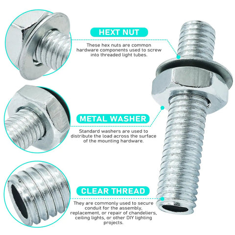 Close-up of 10 Piece M8 All Thread Lamp Rod Repair Kit Galvanized Iron Hollow Lamp Pipes With Hex Nuts And Washers For Chandelier