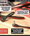 Dual Tone 72-Tooth Ratchet Set with quick release socket change, reversible design, chrome vanadium steel, black and red finish