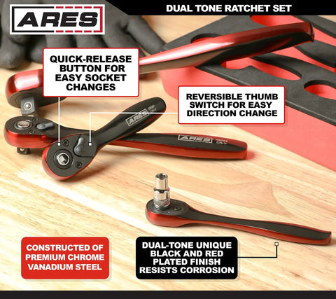 Dual Tone 72 Tooth Ratchet Set With Easy Quick Release Sockets, 4 Piece Including 1/4, 3/8, 1/2 Inch Drives And Stubby 3/8, Reversible Design, Chrome Vanadium Steel, Sleek Black And Red Finish For Pro DIY
