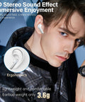 Person wearing Rock Solid Wireless Earbuds With Bluetooth 5.3 And HiFi Stereo Sound Featuring 50H Playtime and Led Digital Display.