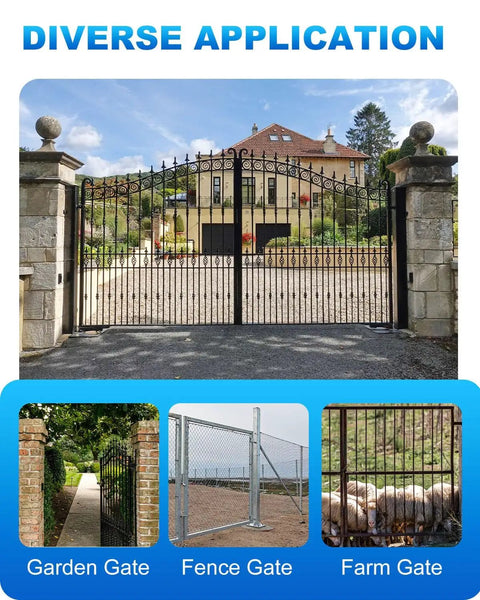 Diverse gate applications showing garden gate, fence gate, and farm gate with Beefy Wall Mount Gate Hinges 2 Pack With Five Eighth Inch Pin For Chain Link Gates, Heavy Duty Outdoor Metal Hardware For Fence Posts, Rust Resistant And Easy Install.