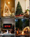 165 Ft 500 LED Christmas Lights Outdoor Indoor Plug In Warm White Waterproof Connectable Clear Wire Twinkle Lights For Large Trees Rooms And Holiday Party Decor Create A Cozy Vibe shown in bedroom, living room, and camping scenes.