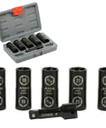 Damaged Lug Nut Flip Socket Set With Half Inch Drive And Three Inch Extension Includes Seventeen Millimeter, Nineteen Millimeter, Twenty One Millimeter, Thirteen Sixteenths Inch, And Seven Eighths Inch Sockets For Quick Lug Nut Removal displayed in open case and individually on white background.