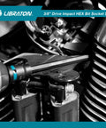 Heavy Duty 3/8 Inch Drive Long Impact Hex Bit Socket Set Built Like A Tank With S2 Steel Insert And CRV Body Featuring Manganese Coating For Zero Slack And Daily Shop Hustle in use on automotive engine.