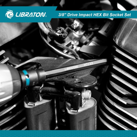Heavy Duty 3/8 Inch Drive Long Impact Hex Bit Socket Set Built Like A Tank With S2 Steel Insert And CRV Body Featuring Manganese Coating For Zero Slack And Daily Shop Hustle in use on automotive engine.