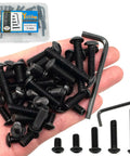 Built Tough 48 Piece Button Head Socket Cap Screw Kit With Five Sizes Plus Rugged Hex Key Black Oxide Treated 10.9 Grade Fully Threaded Bolts in hand.
