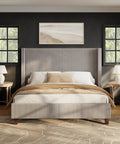 Top Tier King Size Bed Frame Featuring Fifty Point Eight Inch Padded Corduroy Wingback Headboard in a cozy taupe bedroom setting.