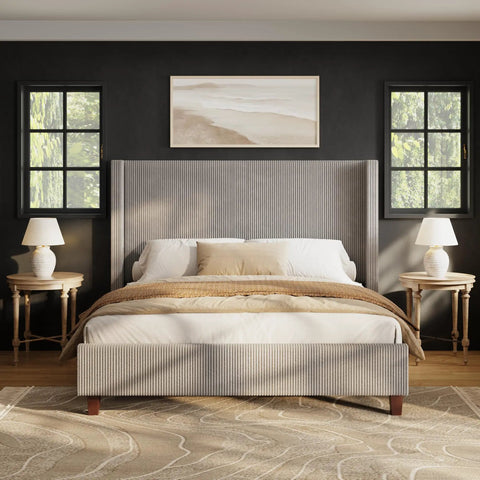 Top Tier King Size Bed Frame Featuring Fifty Point Eight Inch Padded Corduroy Wingback Headboard in a cozy taupe bedroom setting.
