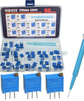 Pro Grade 60Pcs 12 Value 3296W Multiturn Trimmer Potentiometer Kit with blue resistors in a plastic case and screwdriver.