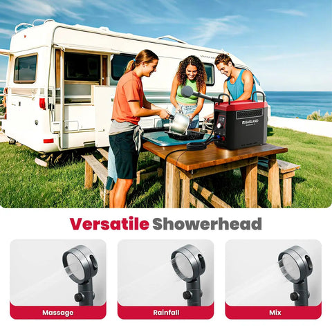 G3 Pro 1lb Propane Portable Water Heater And Shower Pump For Outdoor Adventures with campers and showerheads shown.
